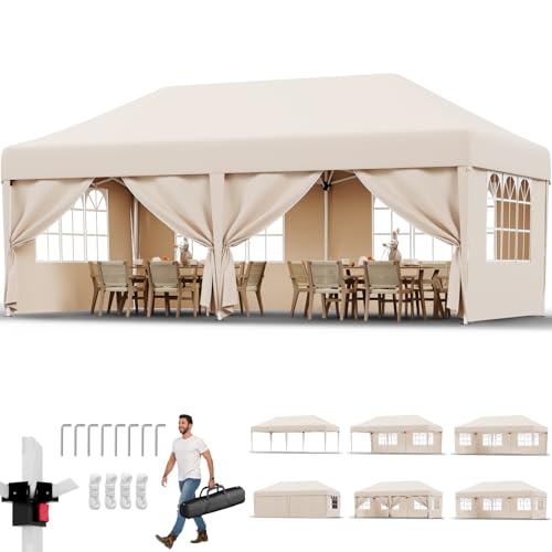 JUMMICO Pavillon 3x6 Wasserdicht Stabil Winterfest mit 6 Seitenwänden,Faltpavillon Höhe Verstellbar,partyzelt Pavillion UV Schutz 50+,Gartenpavillon Faltzelt für Garten, Innenhof, Gazebo Beige