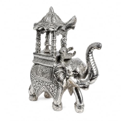 Image of eCraftIndia Silver Finish Decorative Elephant Ambabari Showpiece | Royal Elephant Figurine for Home Decor | Lucky Feng Shui Statue for Living Room, Office, Tabletop & Gift