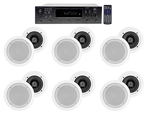 Technical Pro H12X500UBT 6000w 6-Zone 12-Speaker Bluetooth Home Theater Receiver Receiver Bundle with Pair Rockville HC55 White 5.25