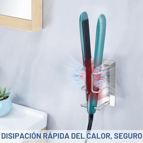 Miniatura 9 de Yybo Soporte Plancha Pelo, Sporte Secador Pelo Y Plancha Sin Taladrar, Secador Pared Para Varios Barriles De Rizadores De Pelo, Planchas Plata