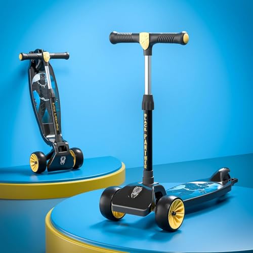 Image of Kuber Industries Marvel Black Panther Plastic Foldable 3-Wheel Kick Skating Cycle for for 3+ Years Kids | Skate Scooter Capacity Upto 45 Kgs | 4-Level Adjustable Height Skating Scooter | Black