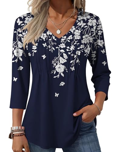 Image of Zeagoo Womens Fall Fashion Casual 3/4 Sleeve Shirts V Neck Floral Blouses Dressy Casual Fall Top