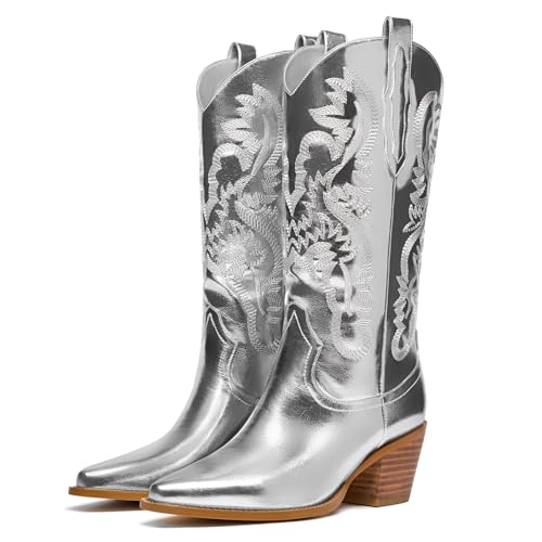 Image of GOSERCE Cowboy Boots for Women - Metallic Mid Calf Cowgirl Boots with Embroidery Sparkly Western Wide Calf Short Boots Fashion Pull on Pointy Toe Chunky Stacked Heel 2.5 inch