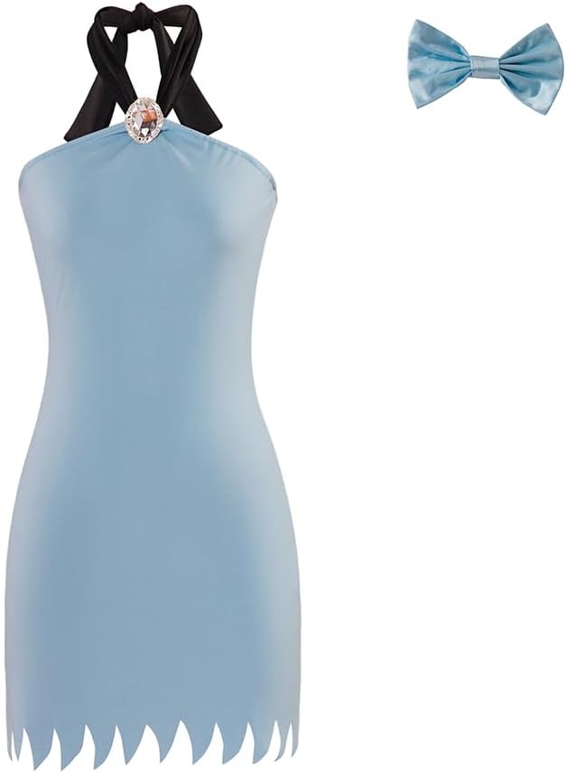 Betty Rubble Costume Women Flintstone Family Costume Sexy Blue Mini Dress