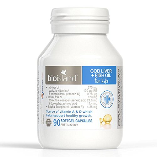 Bioisland Óleo de fígado de bacalhau e óleo de peixe em cápsulas para crianças, 90 cápsulas