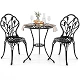 FANTASK Bistroset 3-teilig, Balkonmöbel Set inkl. Bistrotisch & 2 Stühle, Gartenmöbel Set aus Aluminiumguss, Gartengarnitur für Terrasse, Balkon, Garten (Schwarz)