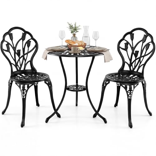 Image of COSTWAY 3 Pieces Patio Bistro Set, Cast Aluminum Weather Resistant Table and Chairs with Umbrella Hole, Antique Garden Furniture Set Outdoor Dining Set (Black, Tulip Pattern)