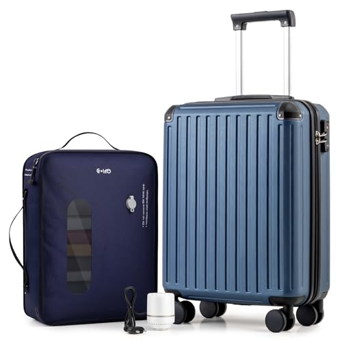 COOLIFE EasyJet Vacuum Cabin Suitcase 55X40X20cm + Vacuum Bag for Travel +60% with Pump | ABS Hard Shell, 8 Wheels & TSA Lock - for Ryanair, Europe, Business, Study Abroad, Cruise | Carry On Suitcase