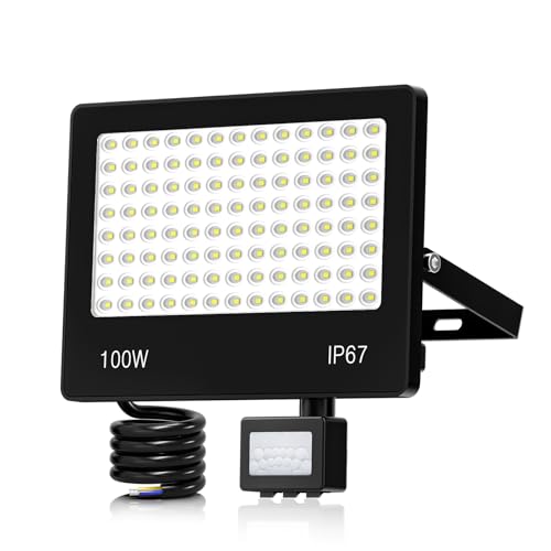 HAPYLUMI 100W 10000 Lumen Focos LED Exterior con Sensor de Movimiento, 104LED 6500K Luz Fría Proyector LED, IP67 Impermeable Iluminación de Seguridad para Jardín, Patio, Parking, Garaje, Yarda