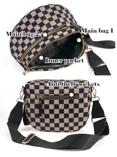 Black and White Checkered Crossbody Bag Bum Bag for Women,Spacious Checkered Purse Fanny Packs Belt Bag4
