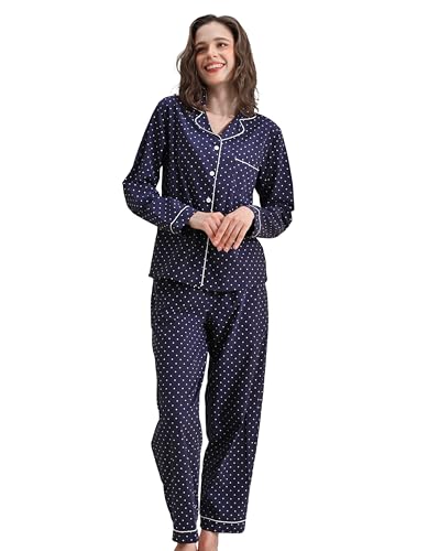 Image of NAP BOUND 100% Cotton Pajamas for Women 2 Piece PJs Set Long Sleeve Button Down Breathable Woven Sleepwear Loungewear XS-XXL