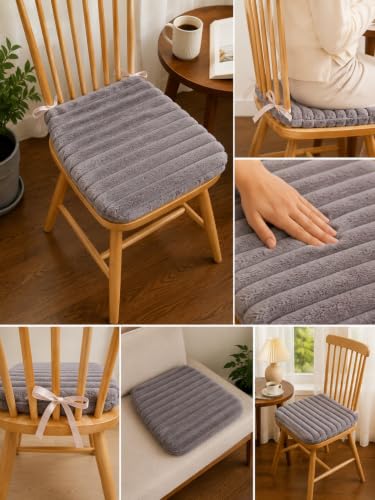 Image of COZY FURNISH Grey Solid Fluffy Chair Seat Cushions with Ties, 16x16 Inch Faux Fur Dining Chair Pads with Foam Filling, Pack of 2