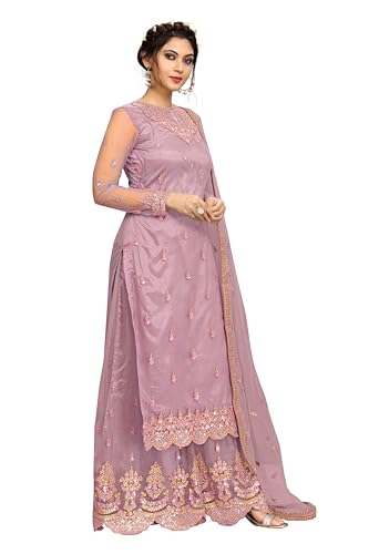 Image of TRENDMALLS Women's Net Embroidery Salwar Suit Kurta Sharara Set with Dupatta Skyblue