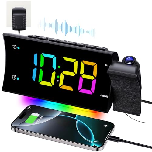 FCHERP Radio Reveil Projecteur Plafond 180°, Radio Réveil FM Numérique, Grand Écran LED, Chargeur USB, Double Alarme, 12/24H, Snooze, Horloge Projection...