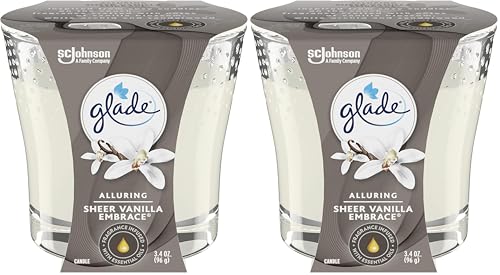 Glade Scented Candle, Alluring Sheer Vanilla Embrace Room Fragrance, Infused with Essential Oils, Glass Candle Jar, 1 Count (Pack of 2)