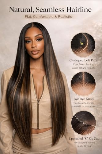 Image of Sunber Ombre Brown Balayage Highlights 13x4 Pre-Everything Lace Frontal Yaki Straight Human Hair Drawstring Wig Put On and Go Pre Cut HD Lace Pre Plucked Invisible Knots Yaki Glueless Wigs 20Inch