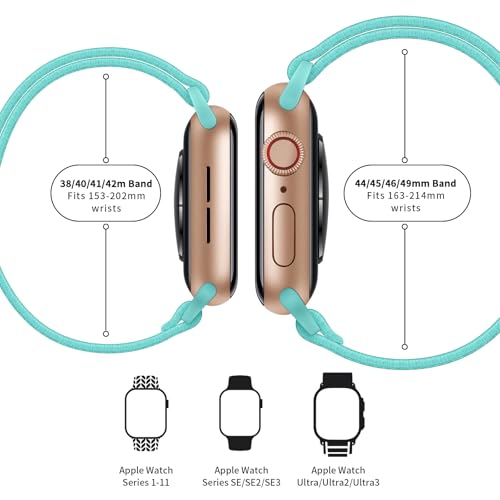 Image of AMANECER Stretchy Nylon Bands Compatible with Apple Watch Ultra 3 /2 /1 SE 11 /10 /9 /8 /7 /6 /5 /4, Adjustable Braided Elastic Sport Loop Rugged Straps for iWatch Women Men (Turquoise Teal, 44 /45 /46 /49MM)