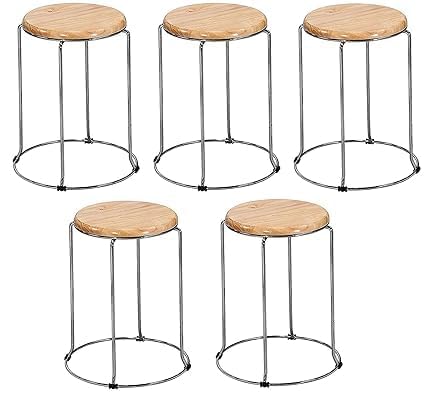 Versatile Metal Frame Wooden Stools for Home, Kitchen, Office - Modern Design, Multi-Purpose Seating, Stylish Decor (Pack of 5)