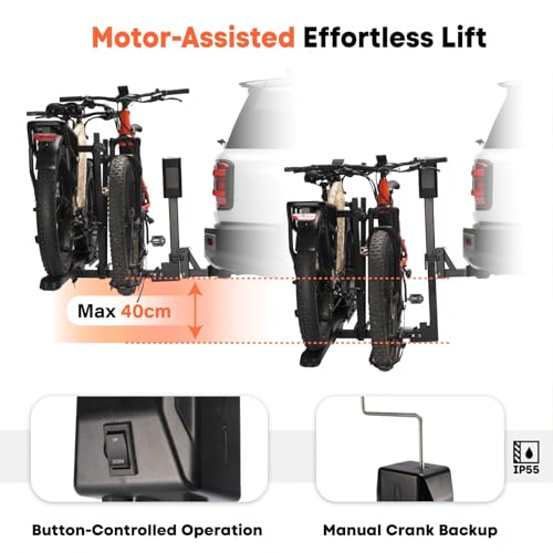 Image of CRAVOT CyberRack E2 Electric Hitch Bike Rack, Motorized Lift Bike Rack, 200 lbs Capacity Haul Up to 5 inch Fat Tire E-Bikes Carrier, Foldable Rack for Tow Hitch 2 Bikes, for Car with 2'' Receiver