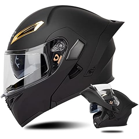 Lightweight Motorcycle Full Face Helmet, DOT ECE Approved Dual Visor Flip Up Modular Snowmobile Helmet with Rear Wing, Protective Street Bike Helmets for Adult Men Women,Dumb Black A,S Cover