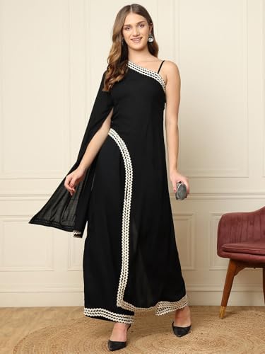 Image of DEEBACO Women's Solid Rayon Ankle Length Tunic & Palazzo|Cape Sleeve|Cord Set for Women Fashion|Long Jumpsuits Western Dress for Women Stylish Two Piece Co ord Set|Casual Wear(Black)