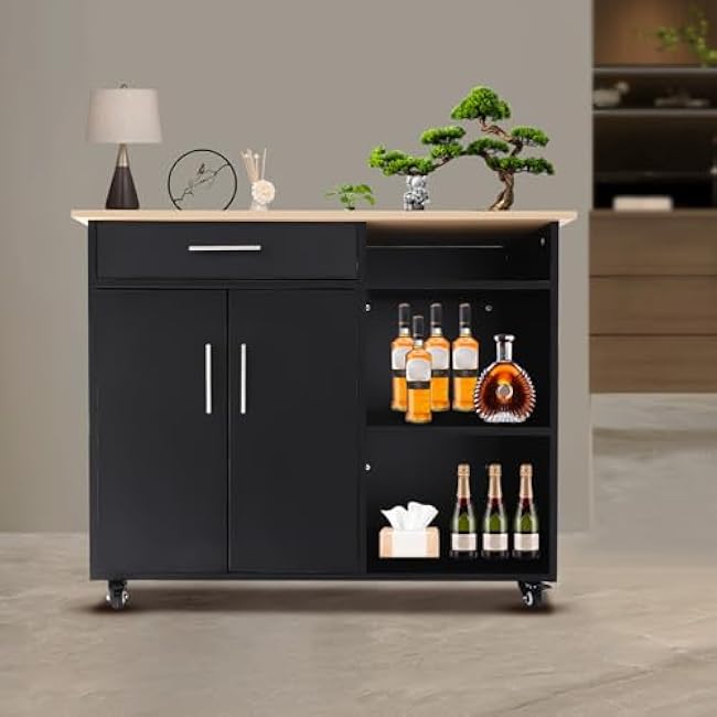 Kitchen Island Cart with Drawer & Wheels, Rolling Kitchen Trolley Cart with Storage Cabinet, Mobile Kitchen Organizer Side Table for Small Spaces, Black-GJatm8BG