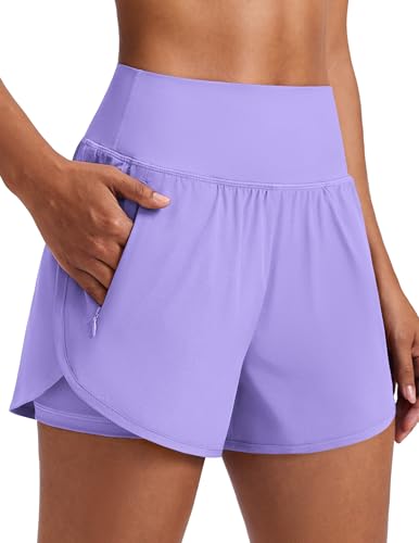 PINSPARK Woman 2 in 1 Fitness Shorts Quick Dry Athletic Shorts with 2 Pockets High Waisted Running Workout Shorts 3 Breathable Gym Shorts Lilac L