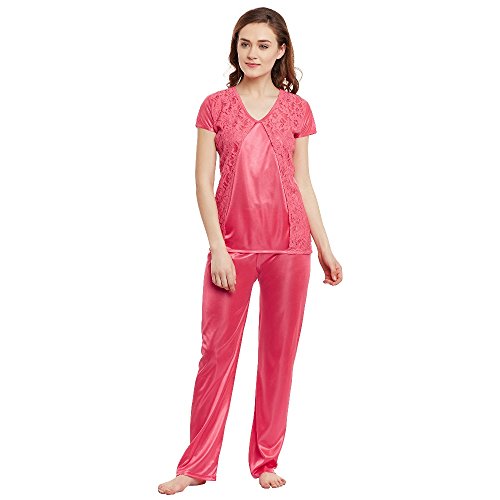 Image of Claura Stylish Women Satin Night Suit with Lace Work Pyjama Set