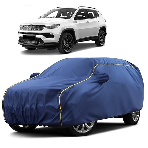 Image of Sulfar 100% Water Resistant Car Body Cover Compatible with Mirror for Jeep Compass (Triple Stitched, Full Bottom Elastic, Blue Taffeta with Yellow Piping)