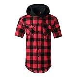 Sudadera con Capucha Hombre Manga Corta A Cuadros con Cordones Verano Hombre T-Shirt Botones Ajustados Bolsillos Shirt Ocio Hombre Deportiva Empalme Moderno Hombre Shirt A-Red 1 L