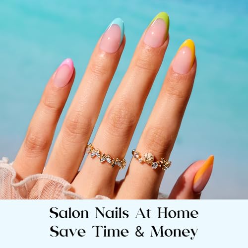 Image of Beetles X Press Summer Nails Kit: Short Almond French Tip Press On Nails Kit With 7 Colors 224Pcs Rainbow Nail Tips Nail Glue & Builder Top Coat Mini UV Light, All-in-One DIY Gift For Women 16 Sizes