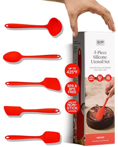 GIR: Get It Right 5-Piece Silicone Essentials Kitchen Utensils Set - Ladle, Spatula, Flip, Spoon & Spoonula - Non-Toxic Cooking Utensils for Nonstick Cookware, Cooking and Baking - Fire Red