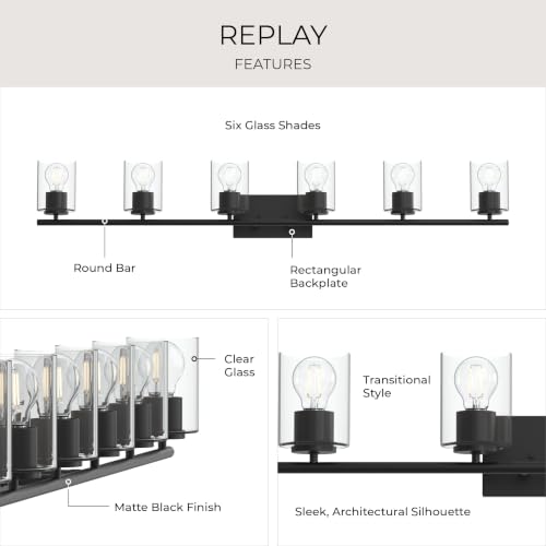 Image of Progress Lighting Replay 48 Inch 6-Light Vanity Light, Transitional, Black with Clear Glass Shades, (7.875 inch H x 48 inch W x 6 inch D), P300585-031