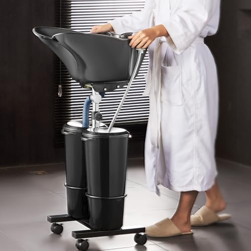 VEVOR Friseur Waschbecken, Haarwaschwanne mit elektrischer Pumpe, inkl. 2 Eimern, 2 Duschköpfen, Ablaufschlauch, höhen- und winkelverstellbarer Rückwärtswaschbecken für Friseursalon, schwarz