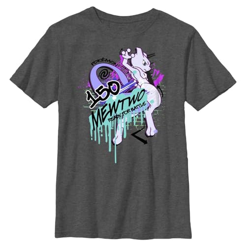Pokemon Boys Mewtwo 150 Short Sleeve Tee Shirt, Charcoal Heather, Large