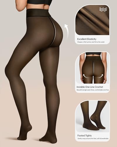 OEAK Womens 2 Pairs Fleece Lined Tights Leggings Sheer Fake Translucent Pantyhose Tights Thermal High Waisted Footed Leggings Black S/M 300g3