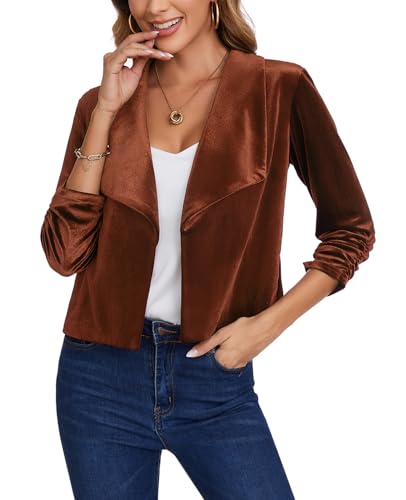 MINTLIMIT Women's Casual Velvet Blazer Jackets 3/4 Ruched Sleeve Shawl Collar Draped Open Front Fall Velvet Blazers2