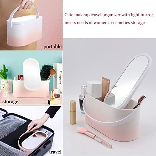Lxiangn Travel Makeup Case With Led Light Mirror, Portable Makeup Organizer Cosmetic Storage Box With 3 Gear Adjustable Led Lights Mirror Handle For Women Girls,Gradient Pink #TOP6