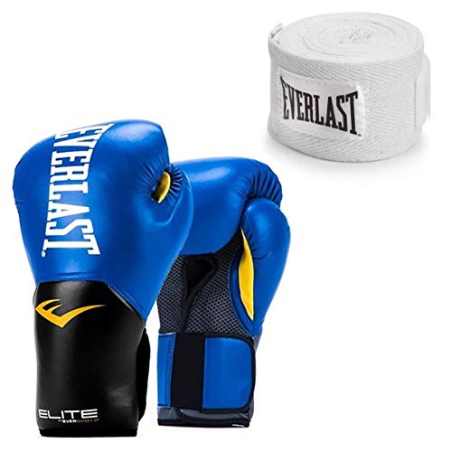 Everlast Blue Elite Training Boxing Gloves 14 Ounce and White 120 Inch Hand Wraps