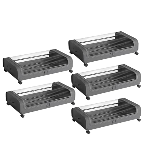 Image of Nayasa Under Bed Storage Box | Storage Organizer | Ideal For Small Space Clothes Storage | Clothes, Shoes, Toys, Books With Clear Cover | Lockable Wheels | Set of 5 | Grey