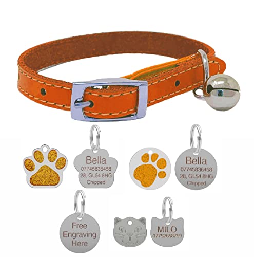 Collare per gatti in vera pelle con elastico di sicurezza e campana, con etichetta personalizzabile personalizzabile personalizzabile (arancione, etichetta viso gatto da 22 mm)