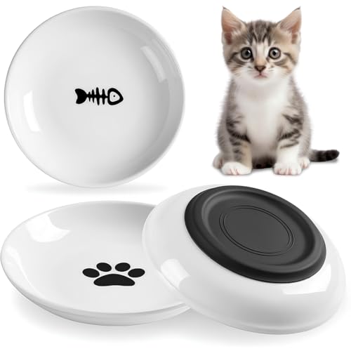 AMROAH 3pcs Cat Food Bowl Set Dishes for Indoor Cat & Kitten Wide Anti Whisker Fatigue Heavy Non-Slip Ceramic Cat Bowls Plate for Dry Wet Food & Water Home Outdoor