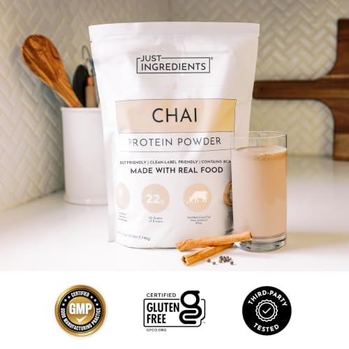 Image of JUST INGREDIENTS Chai Protein Powder - 30-Serving Blend with 100% Grass-Fed Whey & Organic Plant Proteins - Warm Spice Flavor with Cinnamon, Ginger & Cardamom - Supports Muscle Recovery, Energy*
