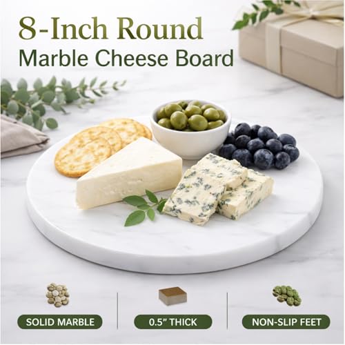 Image of 8-Inch Round Marble Cheese Board | Solid White Natural Marble, Charcuterie & Serving Tray, Non-Slip Rubber Feet, 0.5 Inch Thick Stone