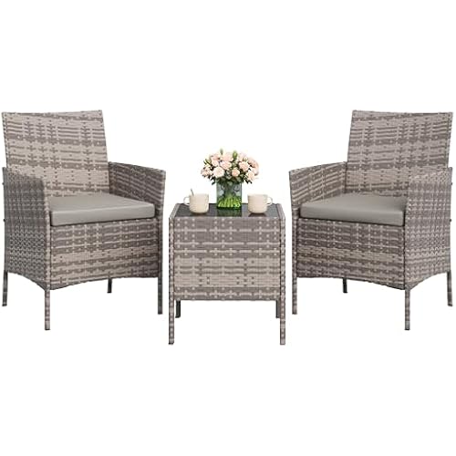 GAOMON 3-Piece Patio Furniture Set, Modern PE Rattan Conversation Set with 2 Chairs & Tempered Glass Coffee Table, All-Weather Outdoor Seating for Garden, Porch, Balcony, Poolside, Grey/Light Grey