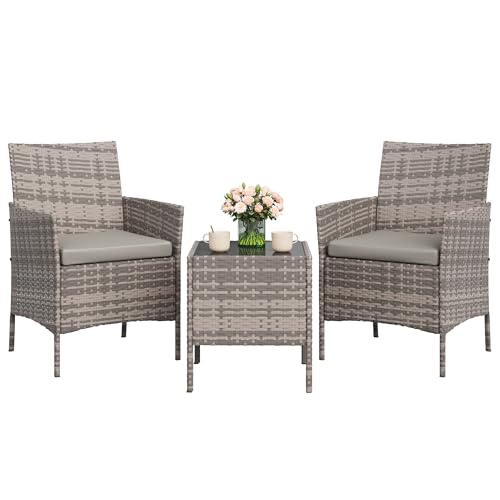 Image of GAOMON 3-Piece Patio Furniture Set, Modern PE Rattan Conversation Set with 2 Chairs & Tempered Glass Coffee Table, All-Weather Outdoor Seating for Garden, Porch, Balcony, Poolside, Grey /Light Grey