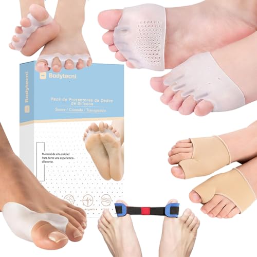 Bodytecni Set 9 Piezas Cuidado para tus Pies - 2 Separador Dedos de Pie – 2 Almohadillas Metatarsianas – 2 Correctores Dedos Pies Silicona - 2 Correctores de Juanetes y 1 Banda Corrector de Juanetes