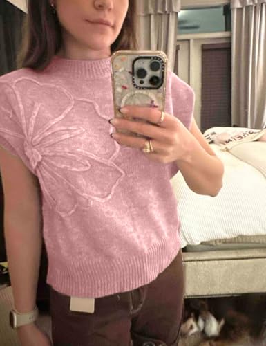 Image of Womens Casual Floral Flower Sweater Vest Crew Neck Sleeveless Summer Loose Ribbed Knit Pullover Tops