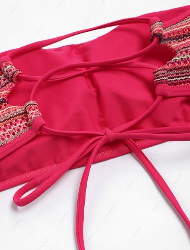 Image of ZAFUL Women Strapless Textured Bandeau Bikini 2 Piece Swimwear Cheeky Solid Lace up Bathing Suits