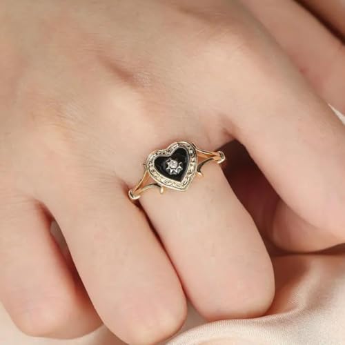 Valentine Heart Italian Enamel 925 STERLING SILVER RING FOR WOMEN, HANDMADE RING, ENGAGEMNET RING, PROMISE RING, Valentine ring (Black Enamel - Gold plated, 5)4